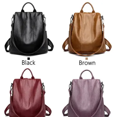 Stylish Backpack for Women – Simple & Versatile Soft PU Leather Bag with Anti-Theft Zipper Back Pocket