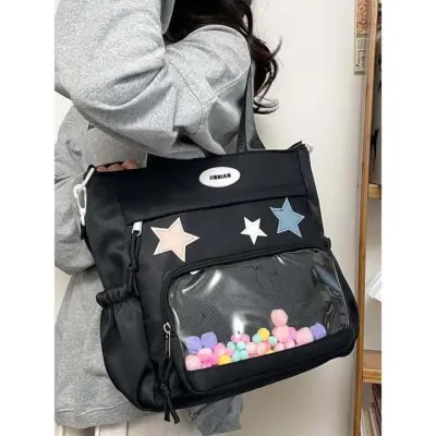 Simple Transparent Star Itabag Solid Color Canvas Crossbody Bag Badge Display Large Capacity Student School Bag Girl