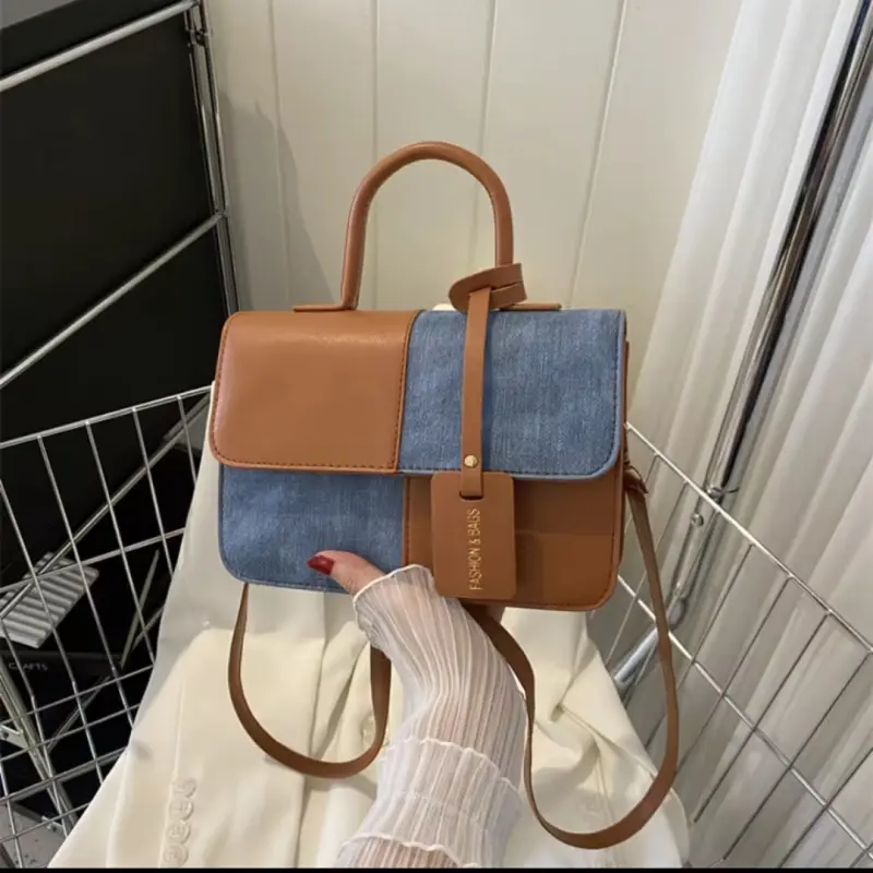 Crossbody Bag PU Tote Patchwork Handbag Mini Square Bag Shoulder Bag for Girl Women Versatile Lady Purse Trendy Bag