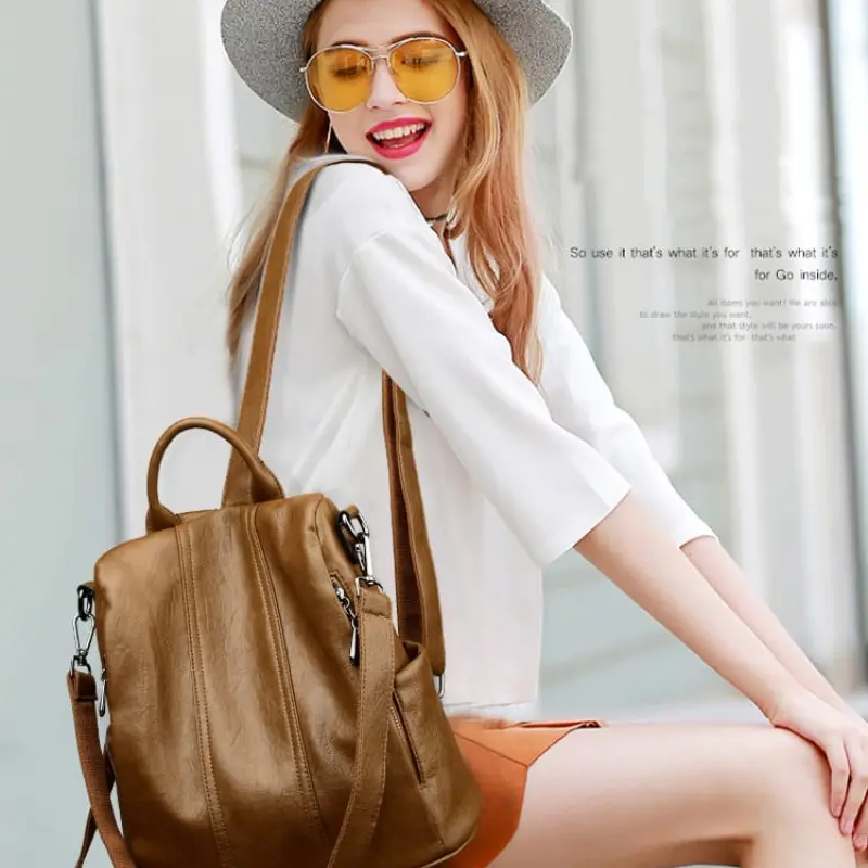Stylish Backpack for Women – Simple & Versatile Soft PU Leather Bag with Anti-Theft Zipper Back Pocket