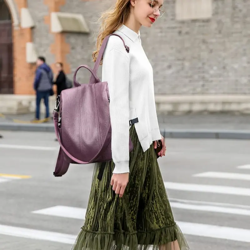 Stylish Backpack for Women – Simple & Versatile Soft PU Leather Bag with Anti-Theft Zipper Back Pocket