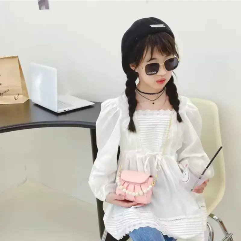 Beaded Handle Children's Chain Crossbody Bags Pleated PU Leather Baby Girls Small Shoulder Bag Cute Princess Coin Purse Handbags