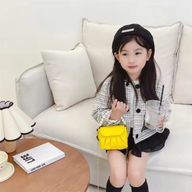 Beaded Handle Children's Chain Crossbody Bags Pleated PU Leather Baby Girls Small Shoulder Bag Cute Princess Coin Purse Handbags