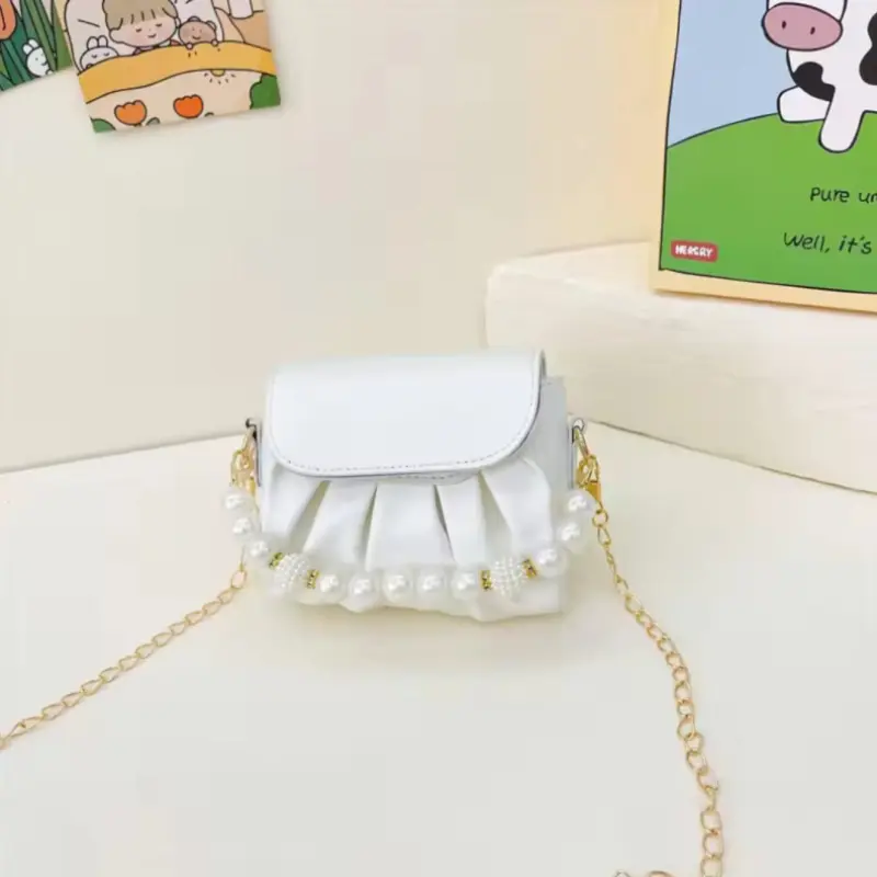 Beaded Handle Children's Chain Crossbody Bags Pleated PU Leather Baby Girls Small Shoulder Bag Cute Princess Coin Purse Handbags