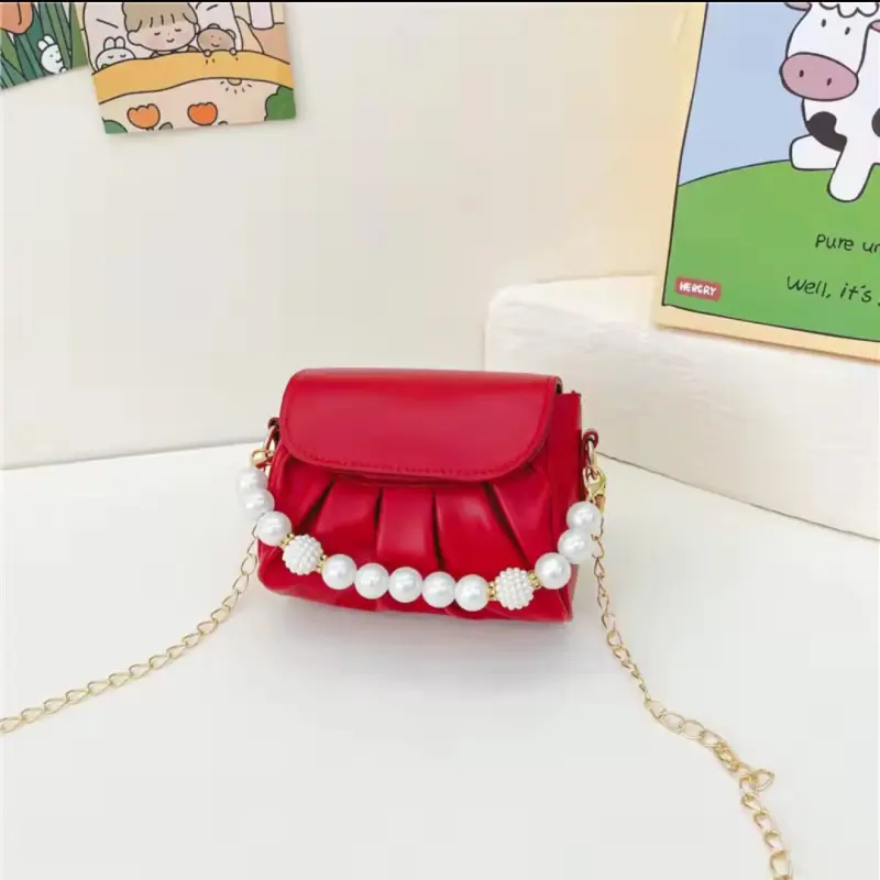 Beaded Handle Children's Chain Crossbody Bags Pleated PU Leather Baby Girls Small Shoulder Bag Cute Princess Coin Purse Handbags