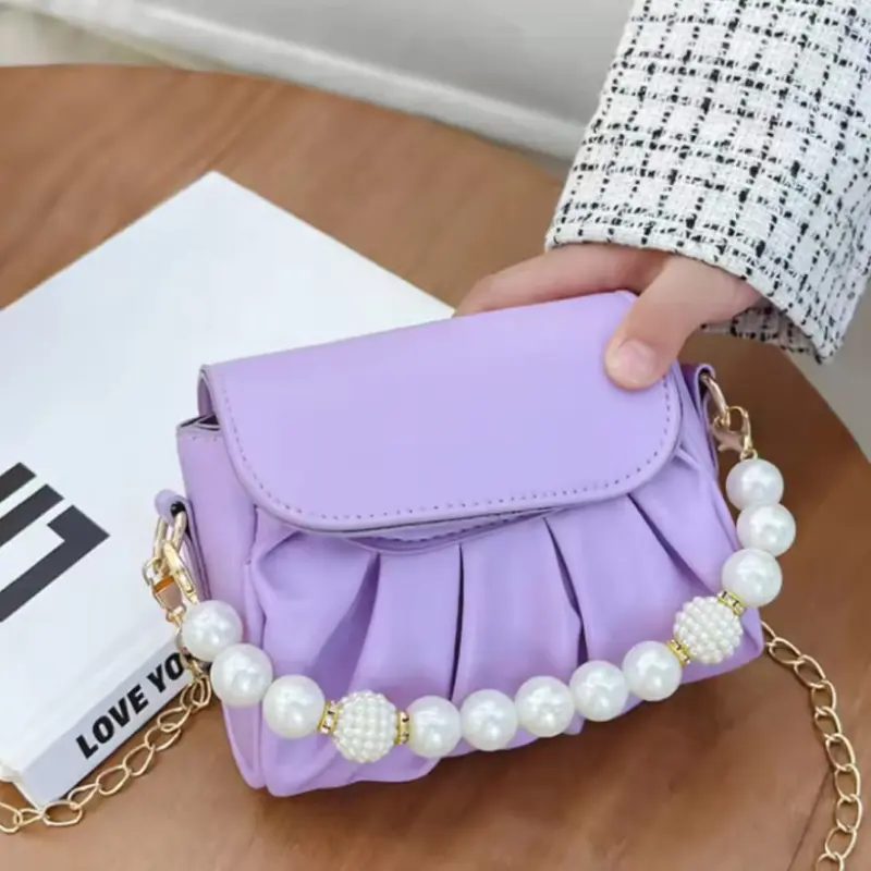 Beaded Handle Children's Chain Crossbody Bags Pleated PU Leather Baby Girls Small Shoulder Bag Cute Princess Coin Purse Handbags