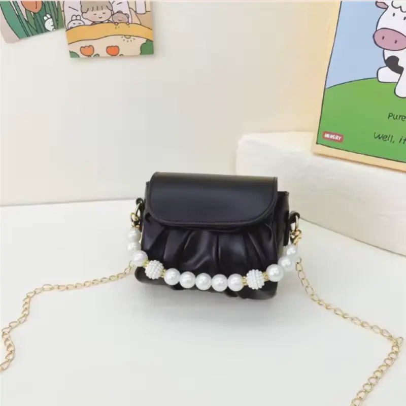 Beaded Handle Children's Chain Crossbody Bags Pleated PU Leather Baby Girls Small Shoulder Bag Cute Princess Coin Purse Handbags
