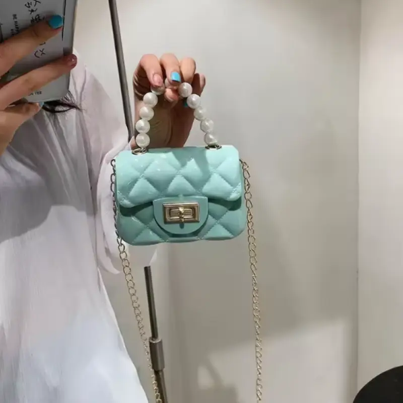 Children's Jelly Bag Southeast Asia Export Kids Pearl Handbag Chain Bag Argyle Bag PVC Material Single Shoulder Bag