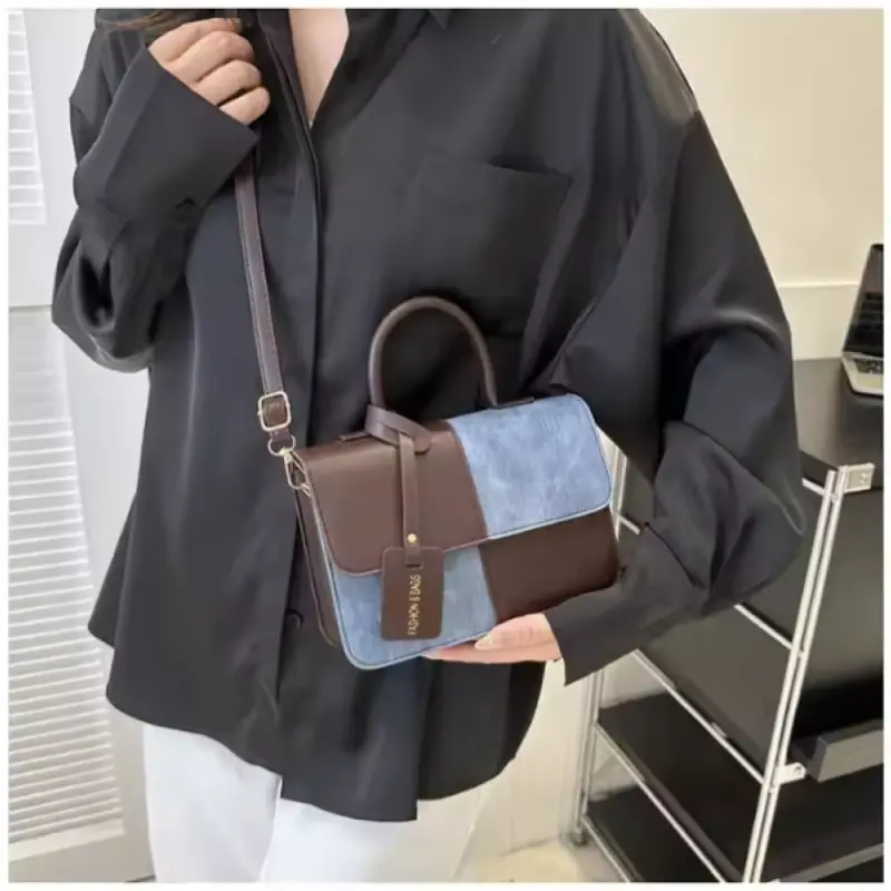 Crossbody Bag PU Tote Patchwork Handbag Mini Square Bag Shoulder Bag for Girl Women Versatile Lady Purse Trendy Bag
