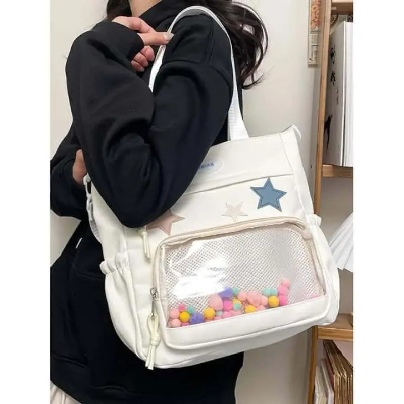 Simple Transparent Star Itabag Solid Color Canvas Crossbody Bag Badge Display Large Capacity Student School Bag Girl