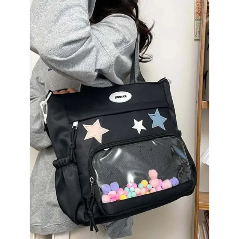 Simple Transparent Star Itabag Solid Color Canvas Crossbody Bag Badge Display Large Capacity Student School Bag Girl